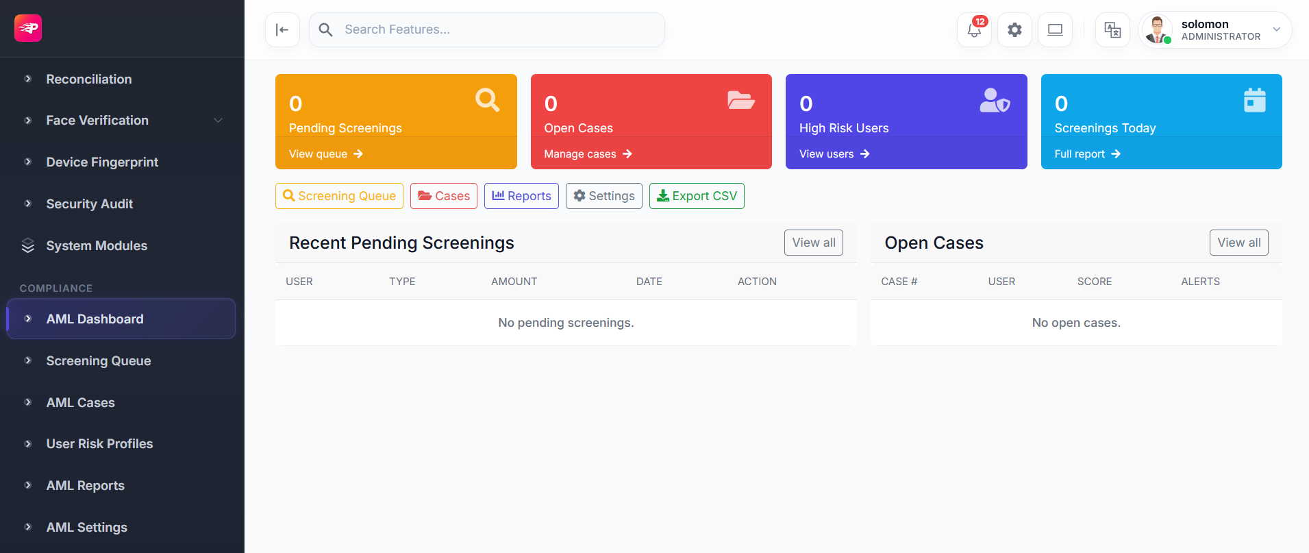 Wongate AML dashboard