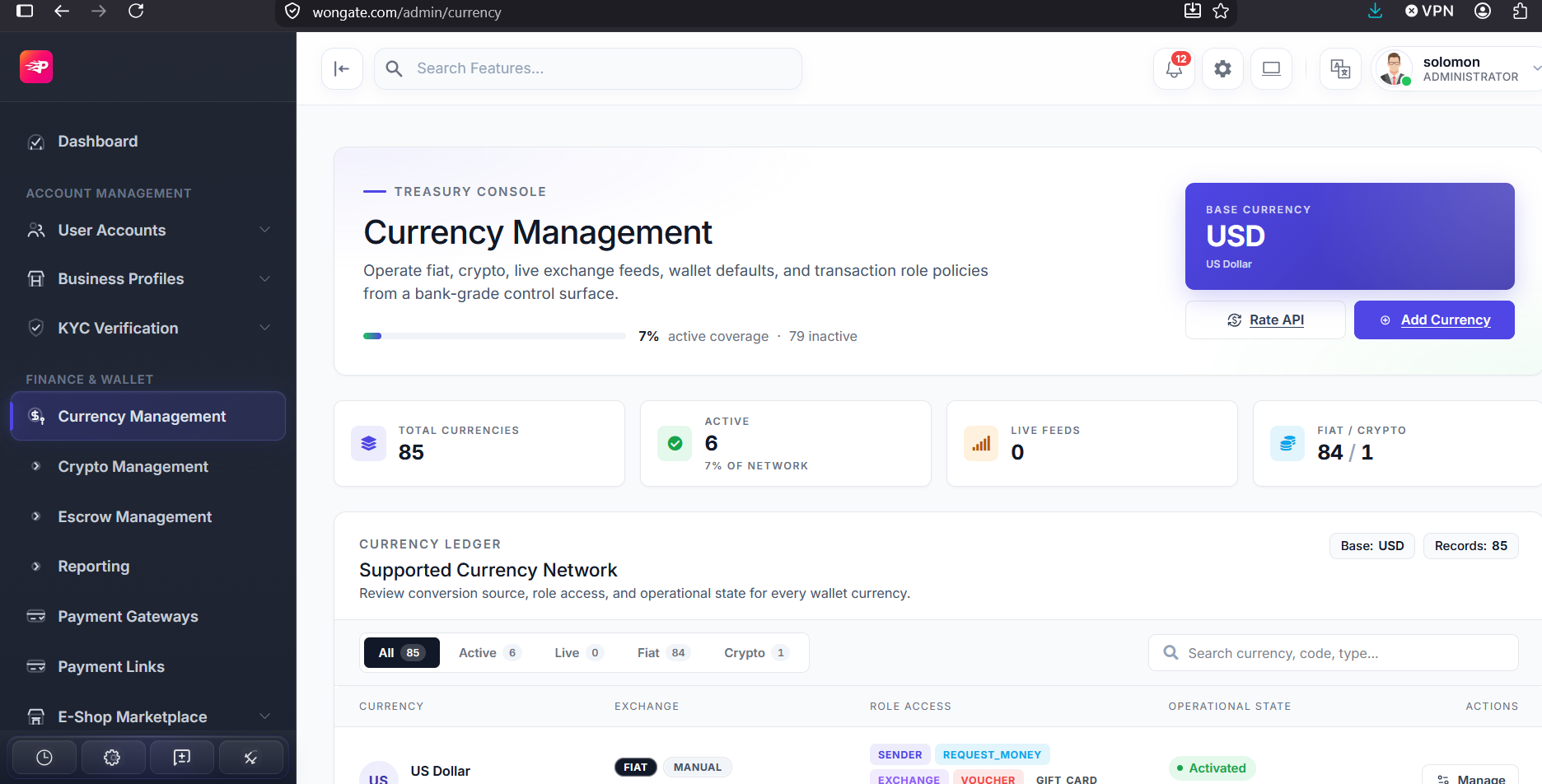 Wongate currency management