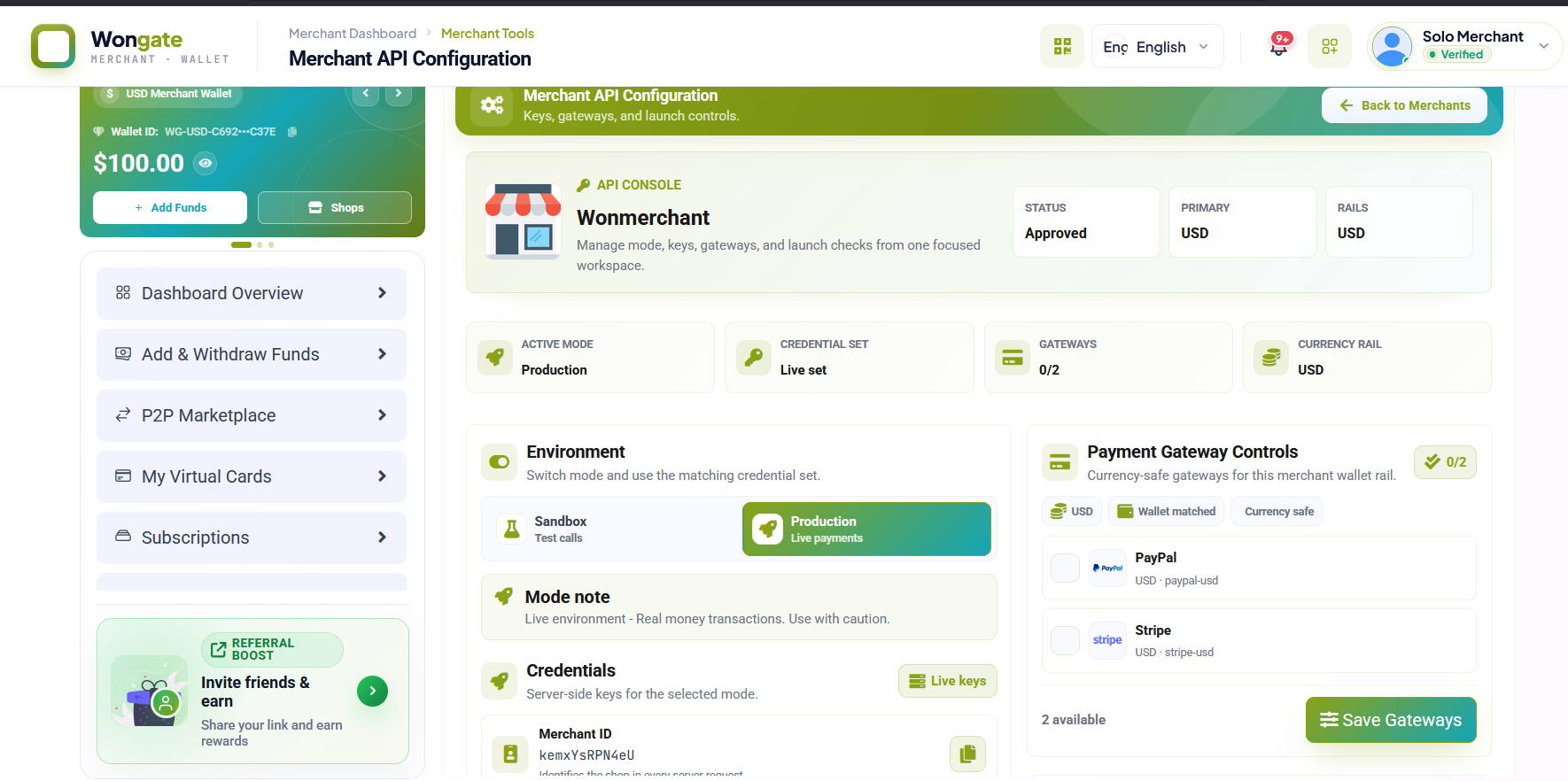 Wongate merchant API console