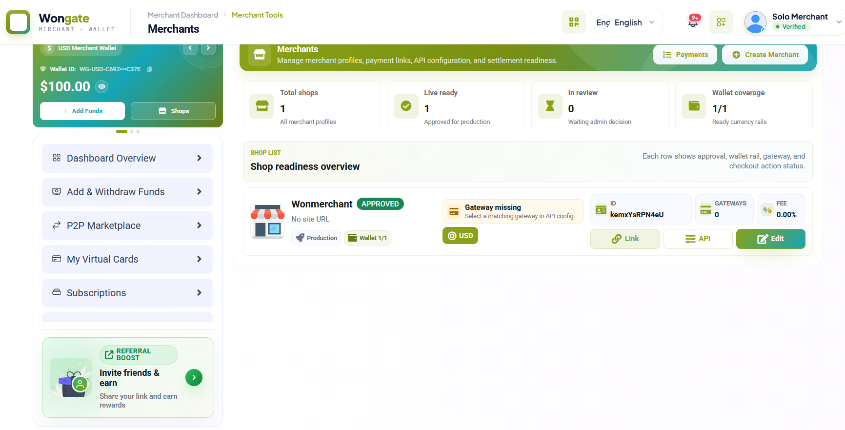 Wongate merchant dashboard