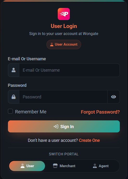 Wongate user sign-in screen