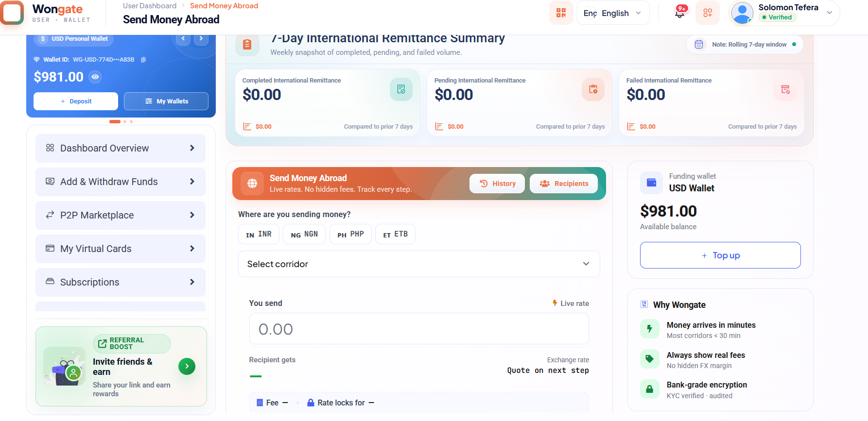 Wongate user remittance screen