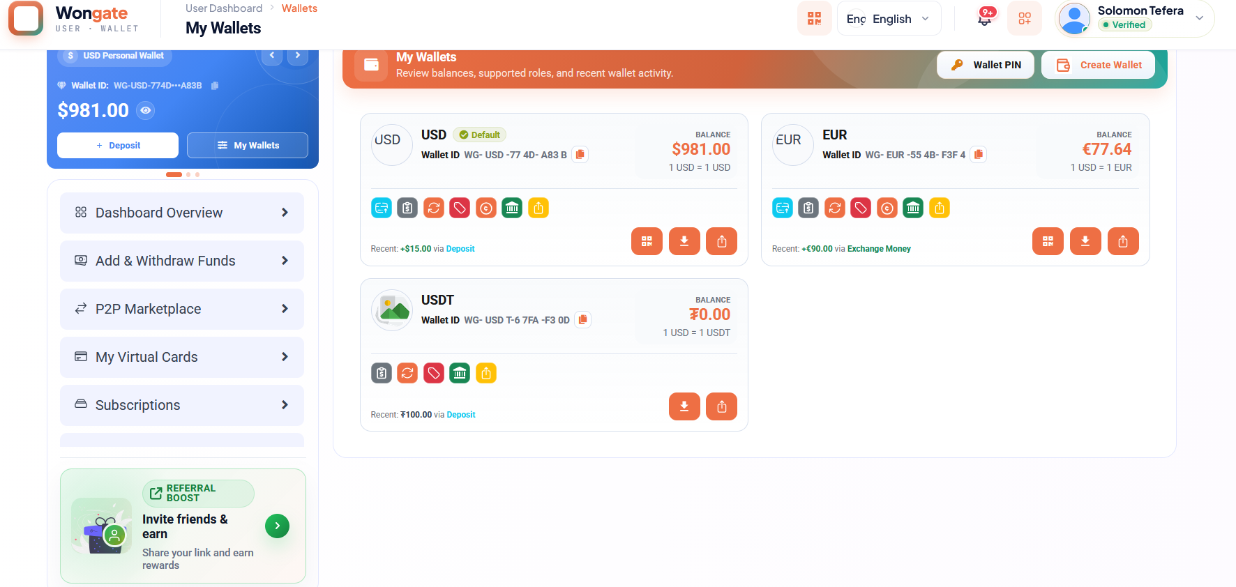 Wongate wallets screen